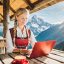 Firefly red cup of coffee, beautiful blond woman with braids and dirndl doing home office in cosy al