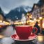 Firefly rote Cafetasse in traditionellen Cafe in Salzburger Dorf bei Nacht, schicke Menschen im Hint (1)